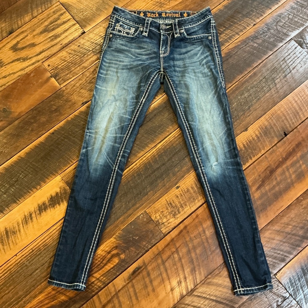 Rock Revival Sharon Skinny Jeans Dark Wash Distressed Embroidered Size 27 - Picture 3 of 12